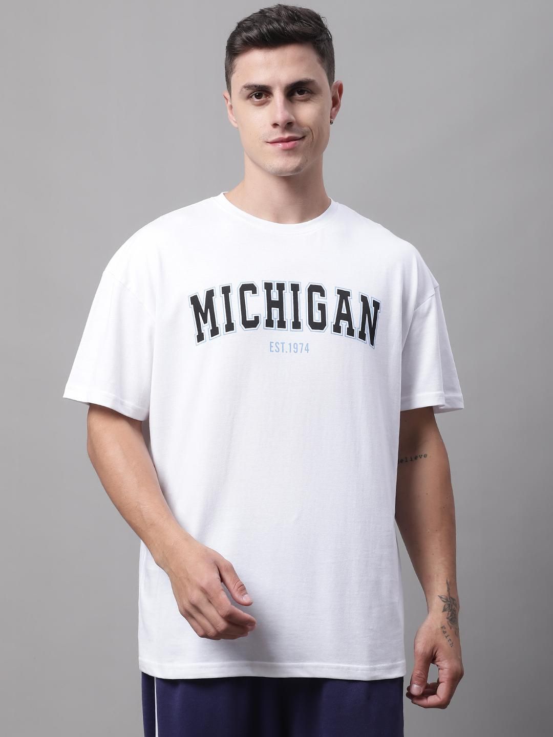 DOOR74 Mens Michigan Printed White TSHIRT Roposo Clout