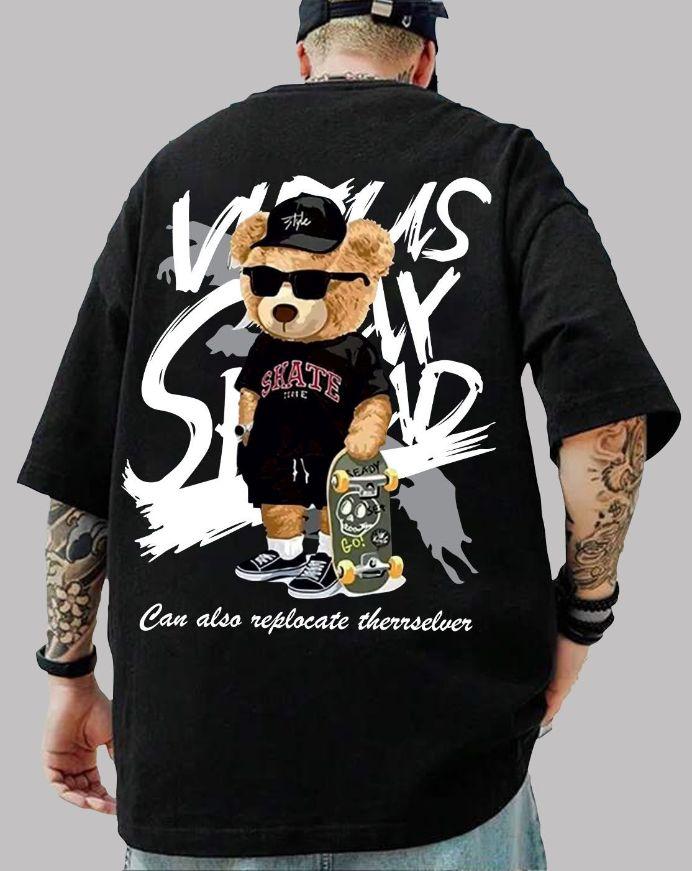 Manlino Men's Cotton Blend Black Oversized Graphic Printed T-Shirt Roposo Clout