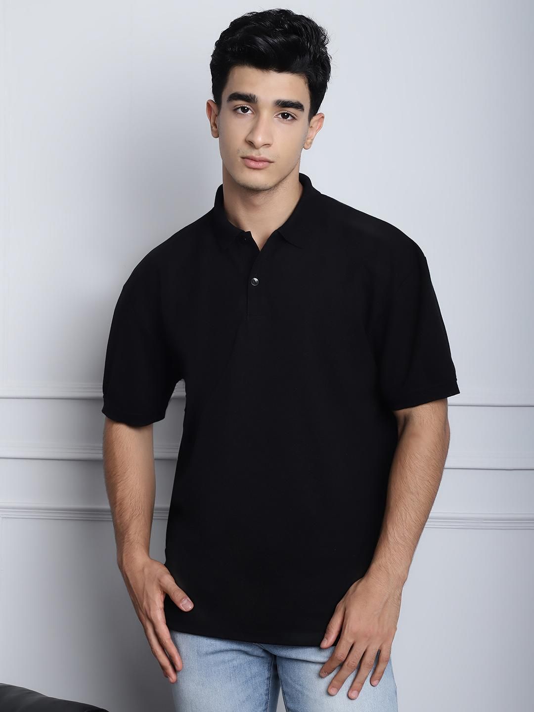 Door 74 Mens Solid Black Color Oversize Polo Tshirt Roposo Clout