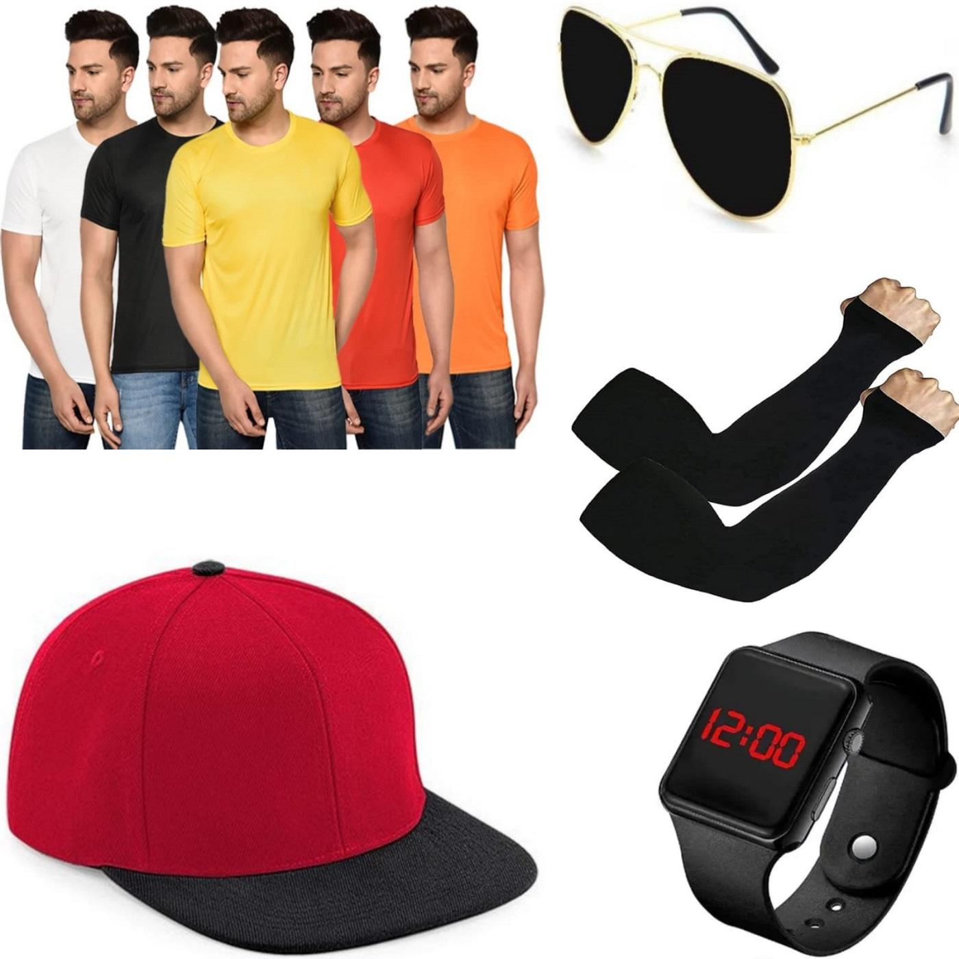 Men's Pack Of 5 Half Sleeves Round Neck T-shirt With Summer Cap Aviator Sunglass And Digital Watch Sun UV Protection Hand Gloves Combo Roposo Clout