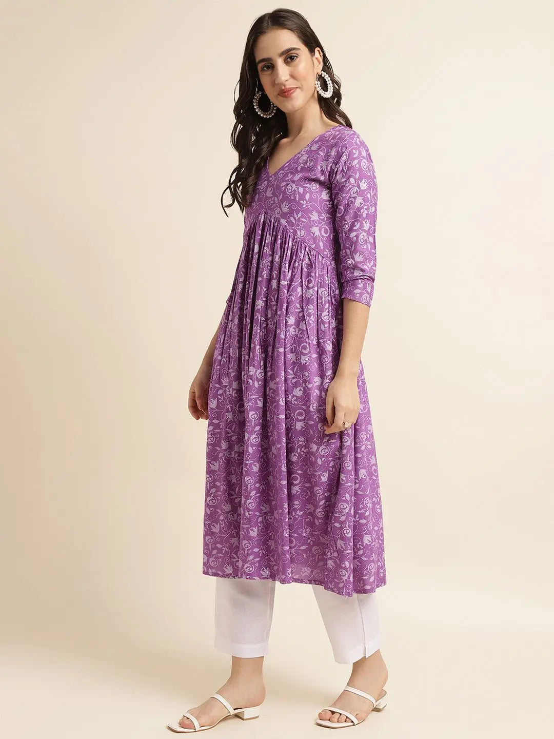 Fabclub Rayon Anarkali Printed Women Kurti (Purple) - shoponez.com