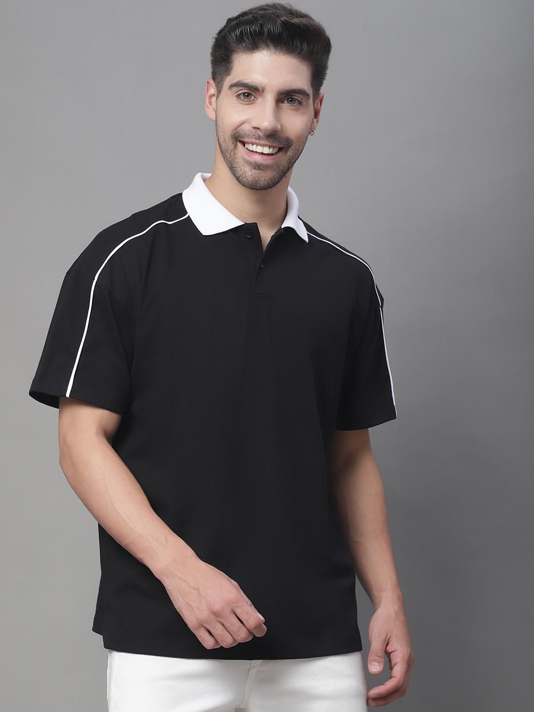 DOOR74 MENS CONTRAST COLLAR AND PIPING BLACK COLOR OVERSIZE FIT POLO TSHIRT Roposo Clout