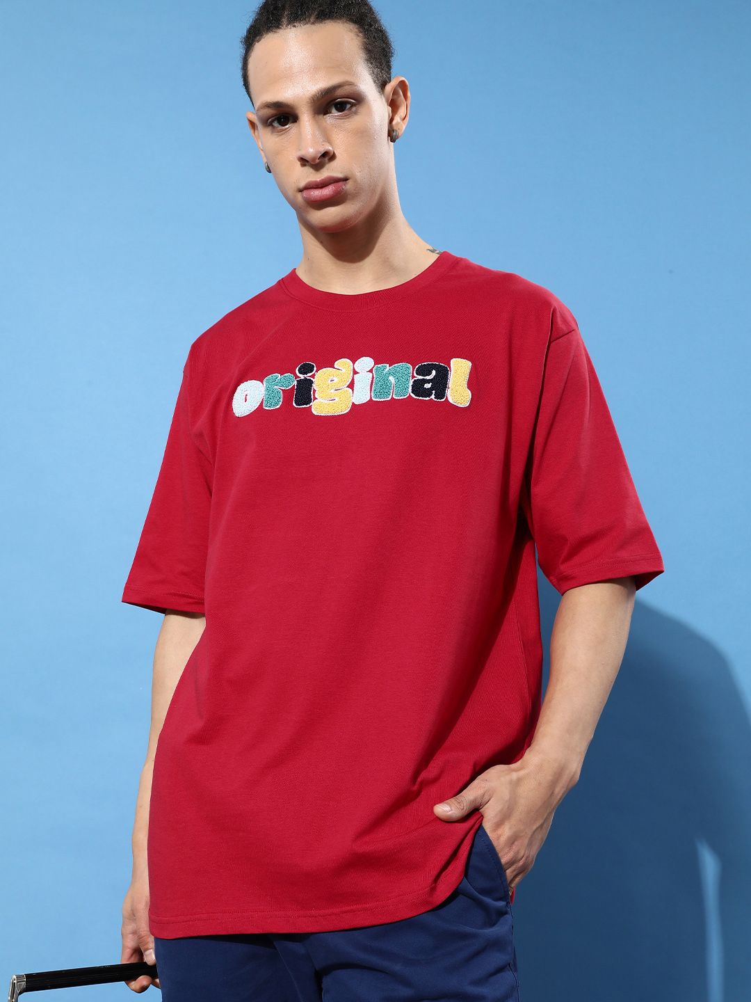 Difference of Opinion Red Typographic Oversized T-Shirt Roposo Clout