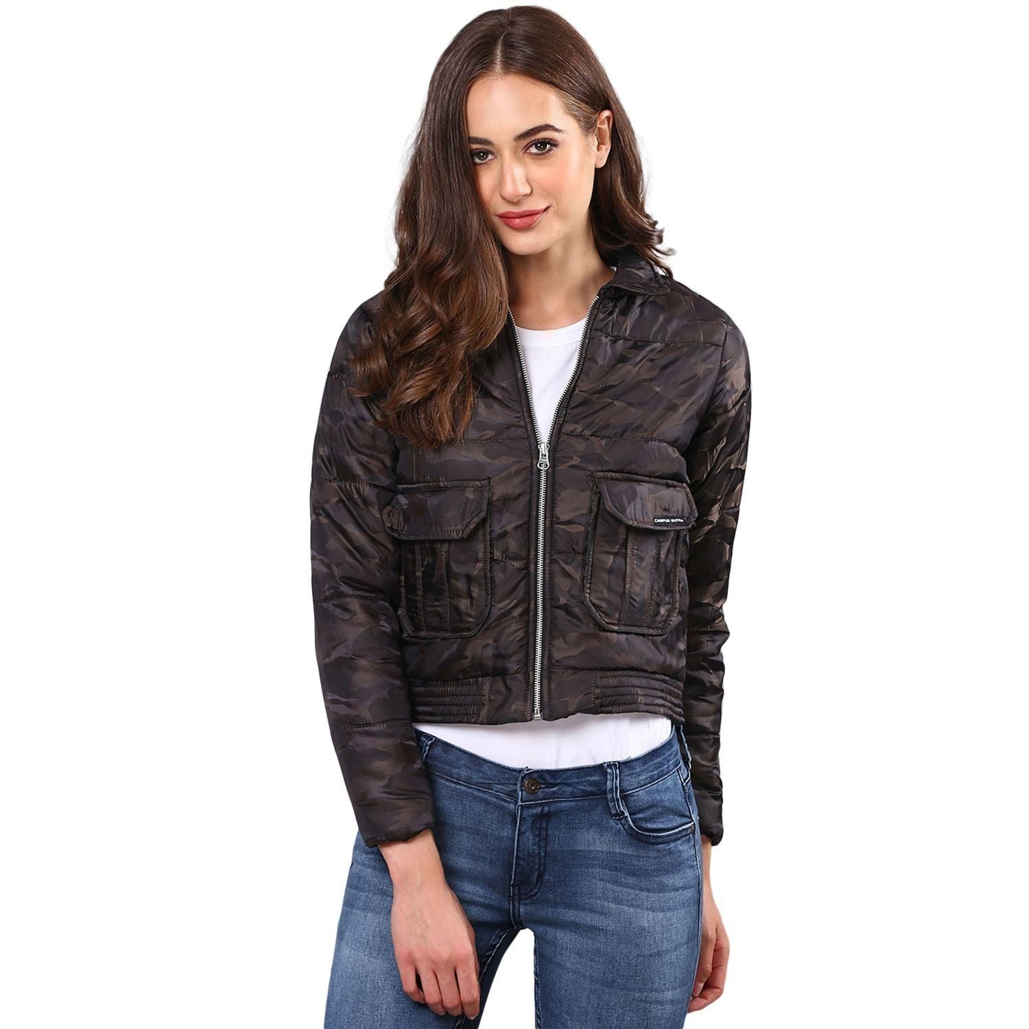 Campus Sutra Women Camouflage Stylish Casual Bomber Jacket Roposo Clout