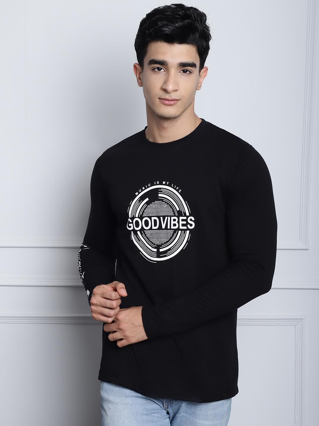 Door 74 Mens Printed Black Color Regular Fit Long Sleeves Tshirt Roposo Clout