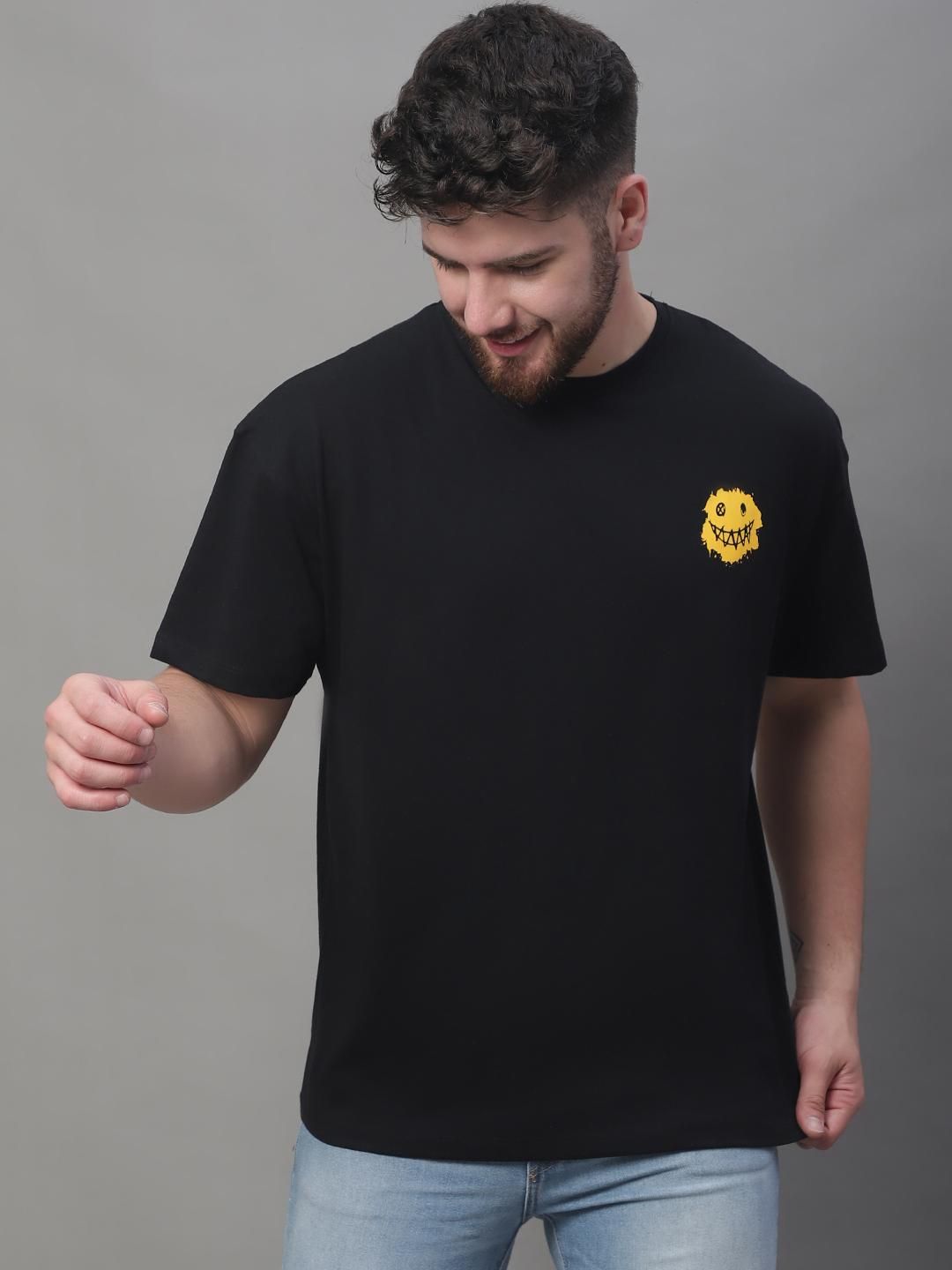 DOOR74 MENS HAPPINESS PRINTED BLACK COLOR OVERSIZE FIT TSHIRT Roposo Clout