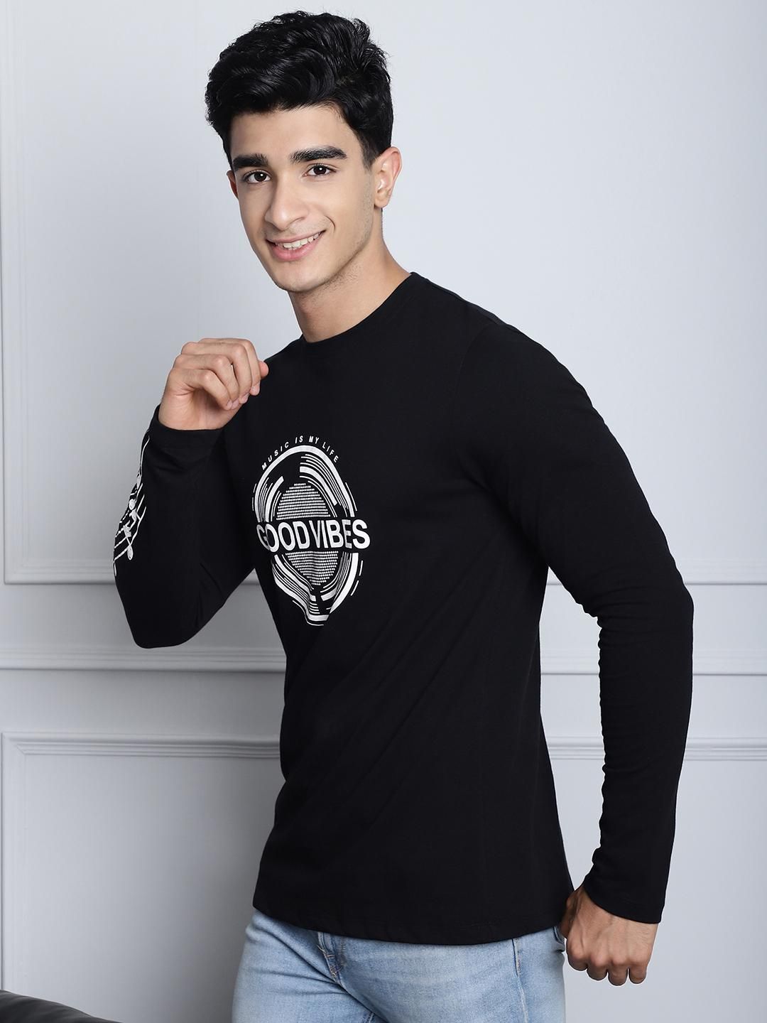 Door 74 Mens Printed Black Color Regular Fit Long Sleeves Tshirt Roposo Clout