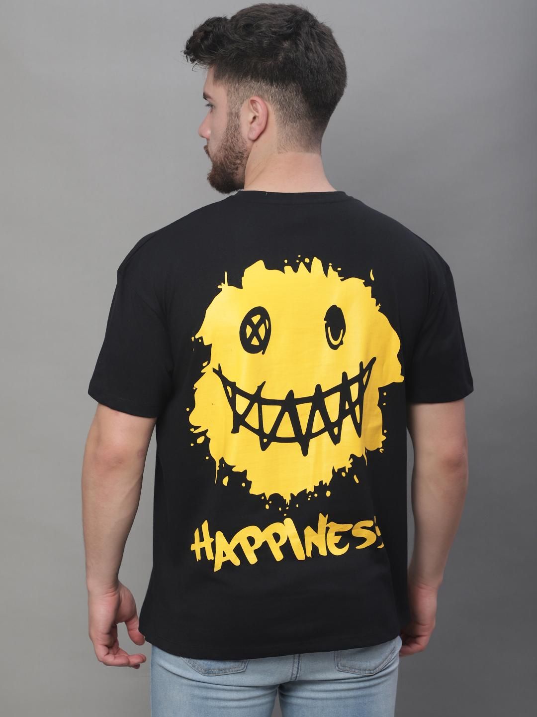 DOOR74 MENS HAPPINESS PRINTED BLACK COLOR OVERSIZE FIT TSHIRT Roposo Clout