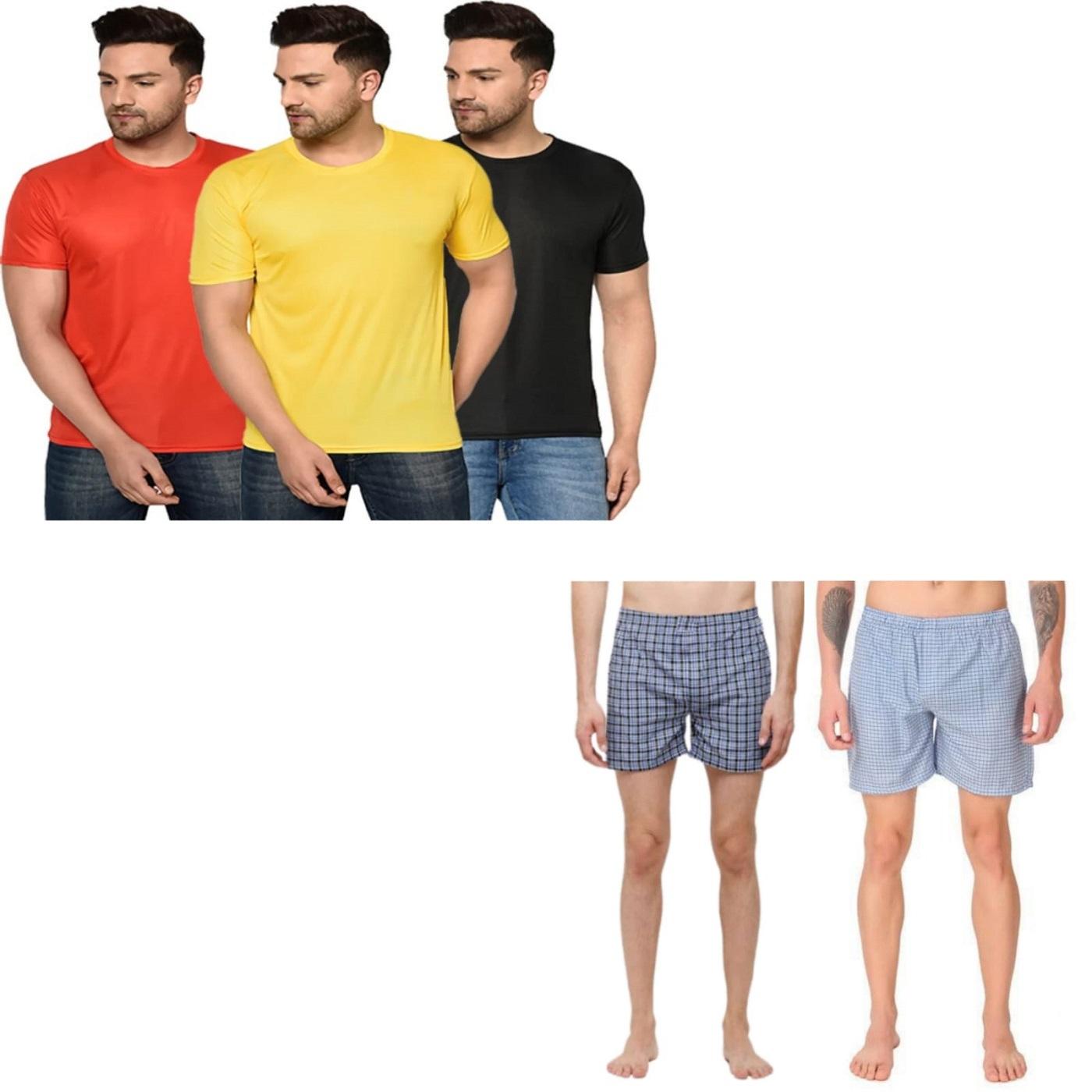 Men's Pack Of -3 Half Sleeves Round Neck T-shirt With Pack Of-2 Men's Boxers Roposo Clout