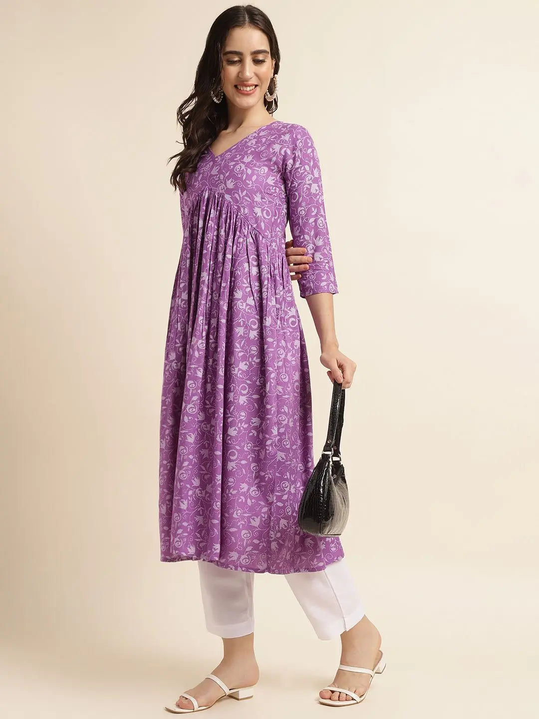 Fabclub Rayon Anarkali Printed Women Kurti (Purple) - shoponez.com
