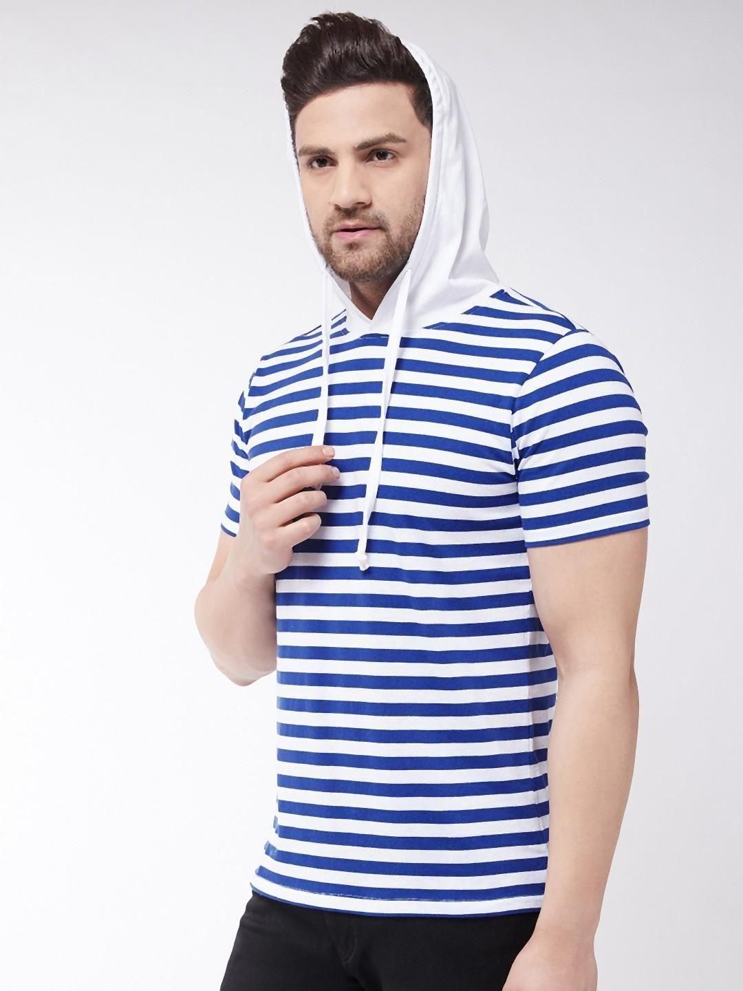Gritstones Cotton Blend Stripes Half Sleeves Hooded Neck , Mens T-Shirt Roposo Clout